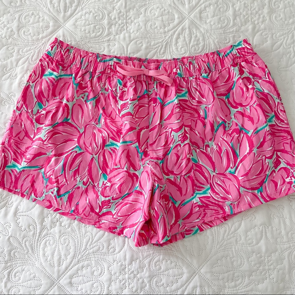 Lauren James Pink Floral Tulip Swim Pocket Water Nylon Athletic Gym Shorts Large